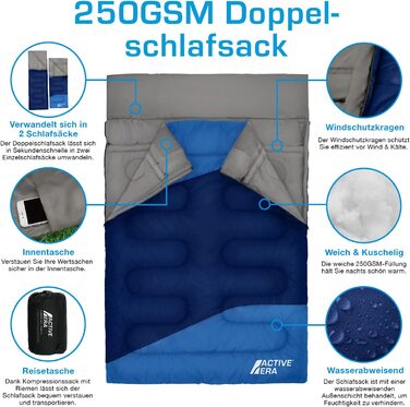 Теплий спальний мішок-мумія Active Era Professional 300, 300 г/м, двошаровий наповнювач, 3-4 сезони, для кемпінгу, походів, активного відпочинку на природі (синій), синій спальний мішок-мумія з двоспальним ліжком