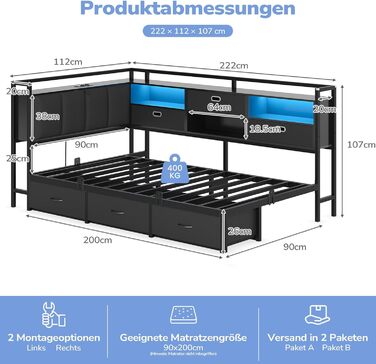 Диван-ліжко зі світлодіодним освітленням та зарядною станцією (2 розетки змінного струму 2 USB-порти), дитяче ліжко 90x200 см з 6 шухлядами, кушетка 90x200 см, м&39яка спинка з прихованим місцем для зберігання речей
