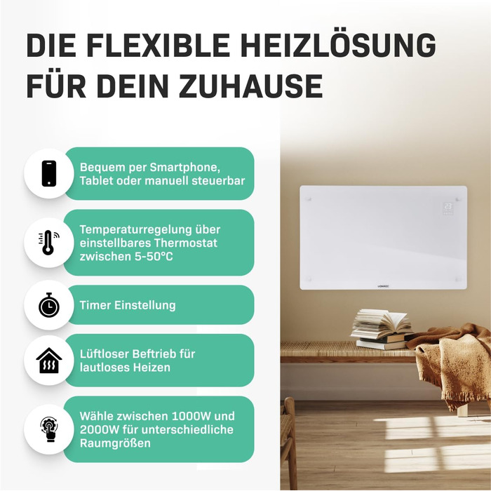 Енергозберігаючий електричний обігрівач VONROC 2000 Вт - Конвекторний обігрівач для приміщень площею до 24 кв. м - Портативний електричний обігрівач Керування за допомогою додатку/сенсорне керування - Радіатор 2-в-1 для настінного/підлогового монтажу - Бі