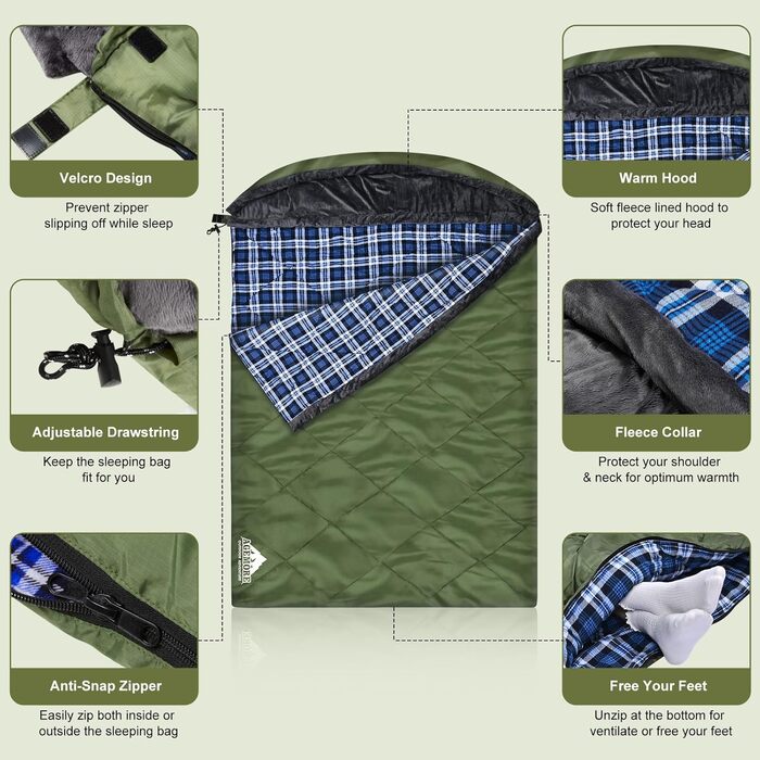 Подвійний спальний мішок AGEMORE для дорослих, бавовняна фланель, спальний мішок на 2 особи для кемпінгу в холодну погоду, розмір &quotqueen-size&quot, водонепроникний спальний мішок-ковдра з флісовою підкладкою та капюшоном, 3-4 сезони, армійський зелени