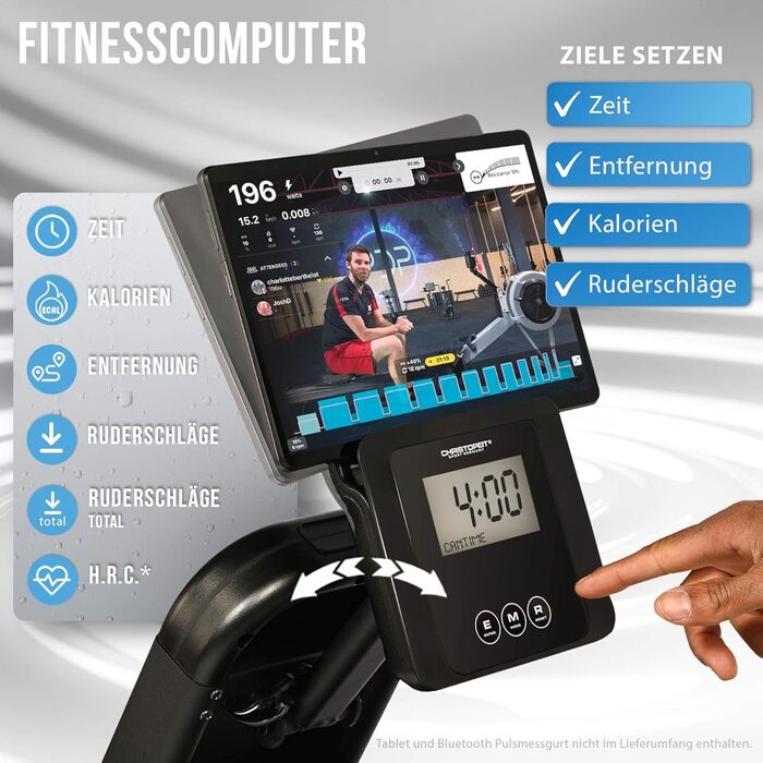 Гребний тренажер Christopeit для домашнього використання водний гребний тренажер WP 2000 або Garda алюмінієва рейка Bluetooth до 120 кг Garda, включаючи захисний килимок для підлоги