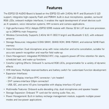Плата розробки Waveshare ESP32-S3 зі штучним інтелектом, два мікрофони, шумозаглушення, RGB-підсвічування, підтримка зовнішнього дисплея та камери