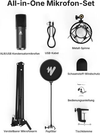 Набір мікрофона MAONO XLR/USB для ПК студійна якість 192кГц/24біт, Plug & Play, 3-рівневе шумозаглушення, 4 пресети. Металевий комплект із ПЗ для подкастів, стрімінгу, запису та вокалу, A04 Gen2