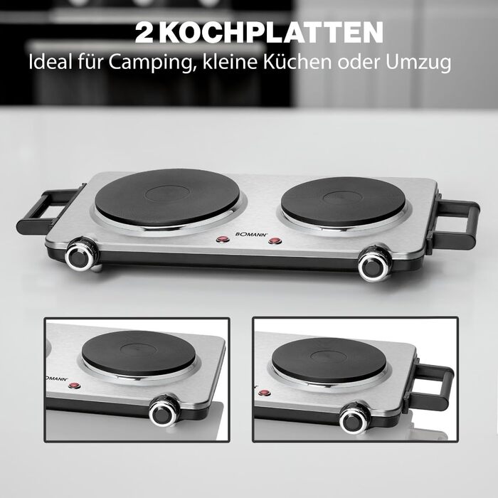 Подвійна конфорка Bomann з нержавіючої сталі Варильна поверхня з 2 варильними поверхнями 2500 Вт електрична варильна поверхня з ручками Cool Touch Варильні поверхні із захистом від перегріву DKP 5033 CB Одномісний