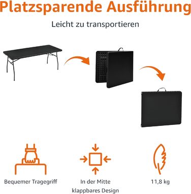 Розкладний стіл Storeo Basics, прямокутний, з ручкою для перенесення, для використання в приміщенні та на вулиці, портативний, легкий, дорожній стіл, для пікніка, кемпінгу, чорний, 182 x 75 x 73 см (183 см) чорного кольору