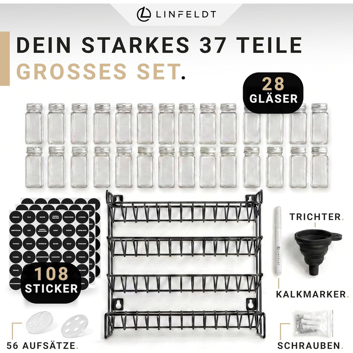Підставка для спецій на 28 банок - 108 наклейок ручка шурупи для підвішування - Підставка для спецій на місці - Банки для спецій з полицею (спеції не входять до комплекту) - 34,5x25x11,5 см, Чорний