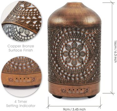 Кімнатний зволожувач повітря для спальні з функцією таймера, освіжувач повітря для квартири з 7 режимами освітлення, електричний металевий дифузор для ароматичних олій, 100 мл