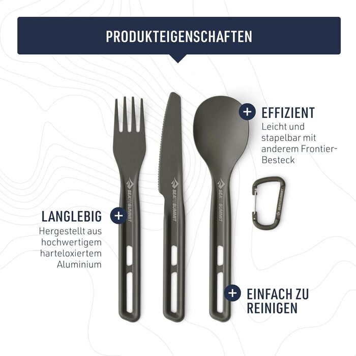 Набір столових приборів Frontier Ultralight - 1 особа, 3 предмети - Кемпінгова виделка, ложка та ніж карабін - Легкий - Кемпінговий посуд з твердого анодованого алюмінію - Гладке та матове покриття - 26 г виделка, ложка та ніж