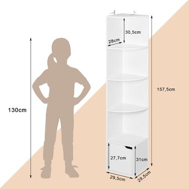 Кутова полиця WOLTU, книжкова шафа, окремостояча полиця, полиця для зберігання, полиця з дверцятами, з 5 полицями, виготовлена з інженерної деревини, для кабінету, спальні, вітальні, офісу, 29,5x158x29,5 см, білий, SK038ws