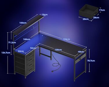 Ігровий стіл Coleshome зі світлодіодним підсвічуванням, 130 x 100 см, двосторонній ігровий стіл з шухлядами та розетками, кутовий стіл з відділенням для зберігання та полицями, чорний колір з вуглецевого волокна 130 x 100 см, чорний колір з вуглецевого во