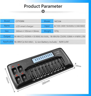 Зарядний пристрій CITYORK з 104 слотами та РК-дисплеєм для акумуляторних батарей 1,2 В AA/AAA Ni-MH та акумуляторних батарей 9 В Ni-MH/Li-ion з вбудованим захистом IC