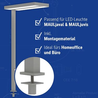 Світлодіодний затискач Maul Light Датчик MAULjaval Робоче світло з регулюванням яскравості для офісу Енергозберігаюча та зручна лампа з настільним затискачем з колірною температурою 4000К (Сріблястий - перехідник, затискна лапка)