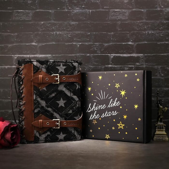 Джинсовий щоденник TIEFOSSI для жінок та чоловіків вінтажний блокнот зі штучної шкіри з механізмом на 6 кілець, лінійкою для коледжу, з можливістю поповнення та внутрішніми кишенями (17,8 x 23,5 см) чорного кольору