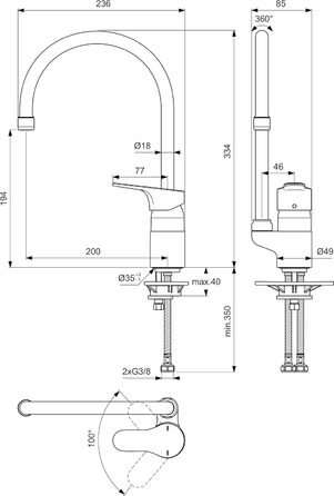 Кухонний змішувач Ideal Standard Cerabase, висота виливу 194 мм, швидкий монтаж, економний витрат води 9 л/хв (3 бар), колір хром (85 x 236 x 334 мм), довжина виливу 200 мм