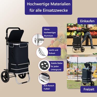 Великий візок для покупок 64л, складаний візок-сумка на колесах, вантажопідйомність до 60кг, візок з термовідсіком, візок з відбивачем, ручний візок з чіпом для покупок, Чорний