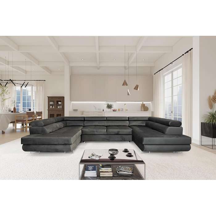 Кутовий диван зі сном Великий PASTI U-подібної форми, диван-ліжко з відділенням для зберігання речей, 3-місний кутовий диван, диван-ліжко для вітальні, великий диван-ліжко з функцією сну (темно-сірий)