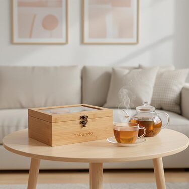 Чайна коробка, бамбук, 6 відділень, чайна скринька з оглядовим віконцем, органайзер для чайних пакетиків, ВxШxГ приблизно 22 x 16 x 9 см, натуральний колір, (1-221609)