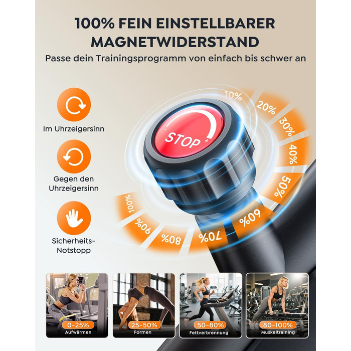 Велотренажер із застосунком, ультратихий, ергономічний дизайн, РК-дисплей з вимірюванням пульсу, магнітний опір, маховик 15 кг, до 160 кг, помаранчевий