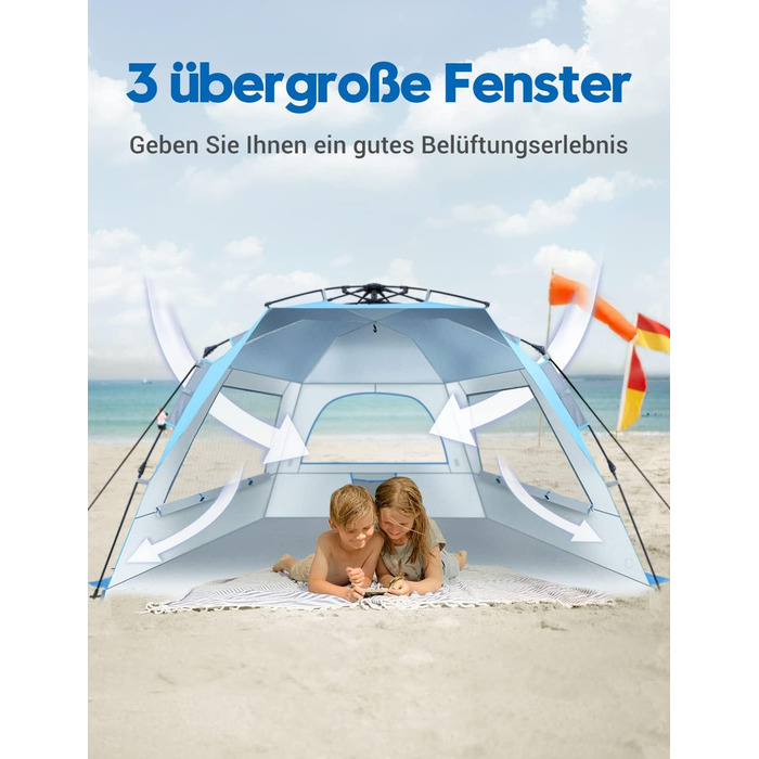 Пляжний намет Glymnis Quick Up, автоматичний пляжний намет, захист від ультрафіолету 50, вітрозахисний, сонцезахисний козирок із системою швидкого складання, невеликий розмір у пакуванні, для 4-5 осіб, синій, BT-ZD02-B, з подовжувальною підлогою