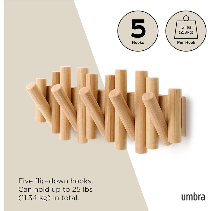 Вішалка Umbra Picket - Вішалка та сучасна прикраса для стін з 5 відкидними гачками, виготовленими з шліфованої сосни, натуральної