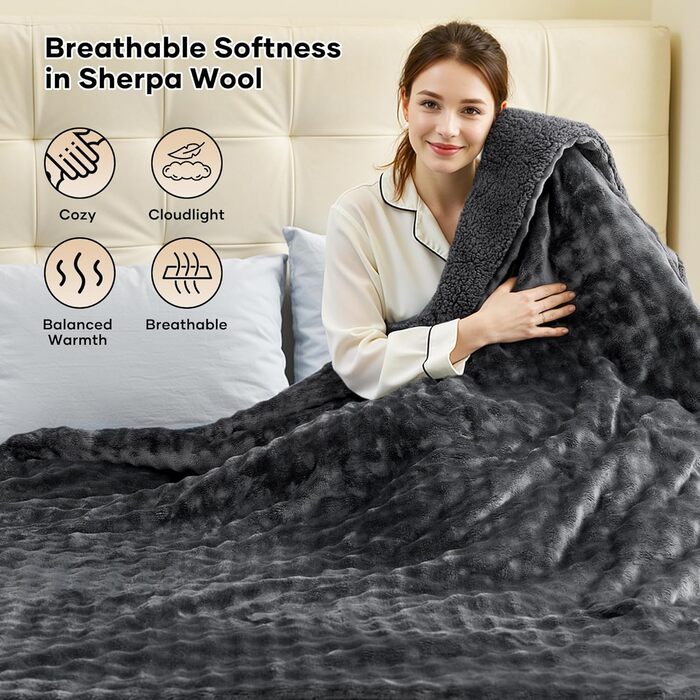 Електрична ковдра з підігрівом 150x200 см, підкладка з 3D-бульбашкової фланелі та шерпи, 6 налаштувань температури, таймер 1-10 годин, двостороння електрична ковдра для ліжка, дивана, офісу, можна прати в пральній машині, ідея для подарунка, сірий