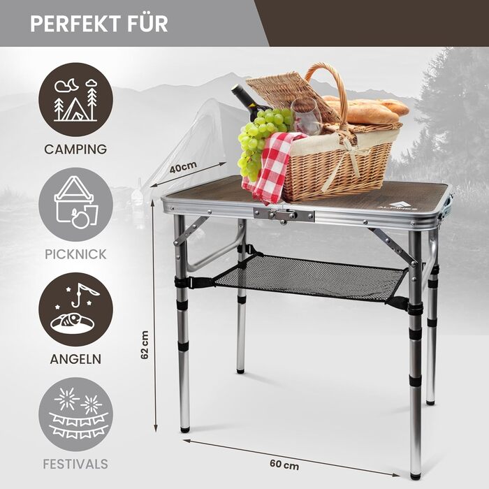 Складаний кемпінговий стіл 60x40, регульована висота Бічний столик, вуличний розкладний стіл, невеликий кемпінговий столик Балконний гриль-стіл, стіл для пікніка Компактний та легкий