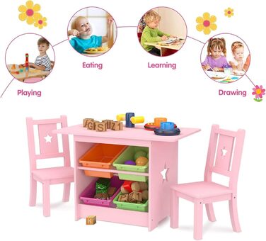 Дитячий стіл та стільці - Дитячі столи з масиву дерева рожевого кольору - Стіл з 4 коробками для зберігання, Дитячий стіл у формі зірки з 2 стільцями - Екологічно чистий
