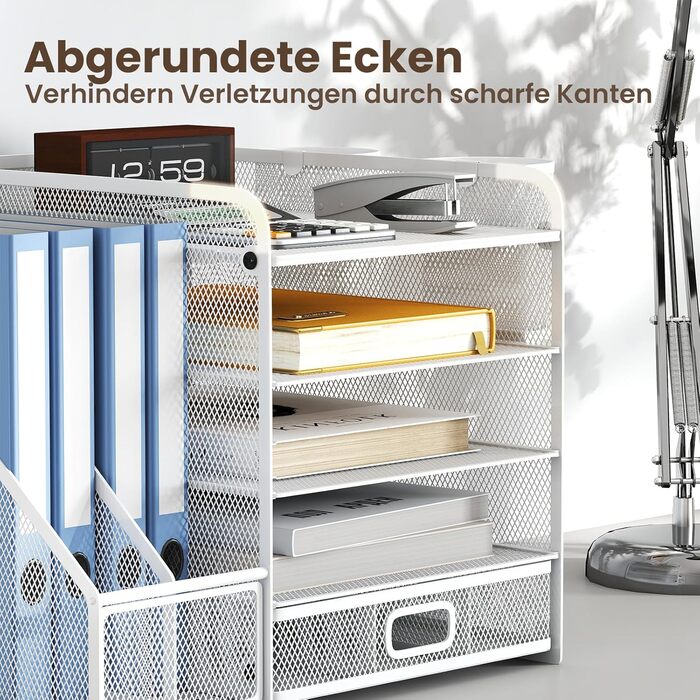 Рівневий сітчастий органайзер для столу з шухлядою, лотками для файлів та тримачами для ручок - рішення для зберігання офісного та художнього приладдя для паперу для малювання, сортувальника олівців, тримача для журналів (білий), 5-