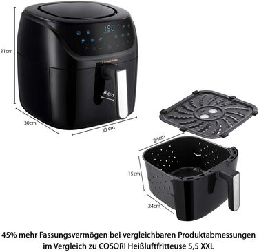 Аерофритюрниця Russell Hobbs XXL 8 л компактний корпус 7 функцій приготування10 програм AirFryer (можна мити в посудомийній машині, макс. 220C, фритюрниця без олії, гриль, запікання, смаження, зневоднення) SatisFry 27170-56