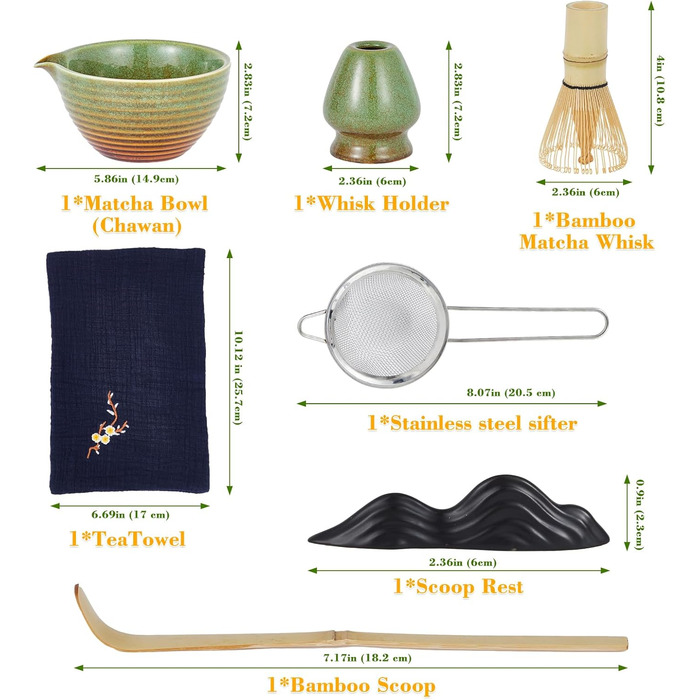 Набір для матчі Garvee 7 предметів керамічна чаша, бамбуковий вінчик (часен), підставка для вінчика, бамбусова ложка, підставка для ложки, ситечко з нержавіючої сталі та серветка для чаю для традиційних чайних церемоній та поціновувачів чаю колір зелений,