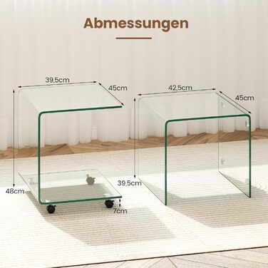 Журнальний столик COSTWAY із загартованого скла з колесами, С-подібний скляний стіл, тумбочка, столик для дивана, журнальний столик для вітальні, спальні, 45 x 40 x 48 см (прозорий) маленький (з колесами) прозорий 1