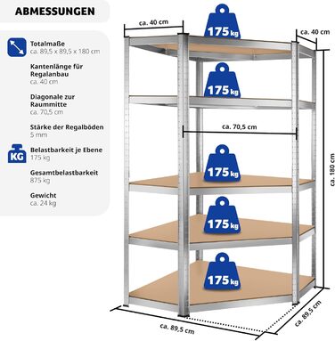 Стелаж для майстерні tectake, міцний кутовий стелаж з 5 полицями, металевий стелаж для зберігання, стелаж для підвалу, аксесуари для гаража, органайзер для складського приміщення, стелаж без болтів, для зберігання, вантажний стелаж - 875 кг, 180 x 89,5 x 