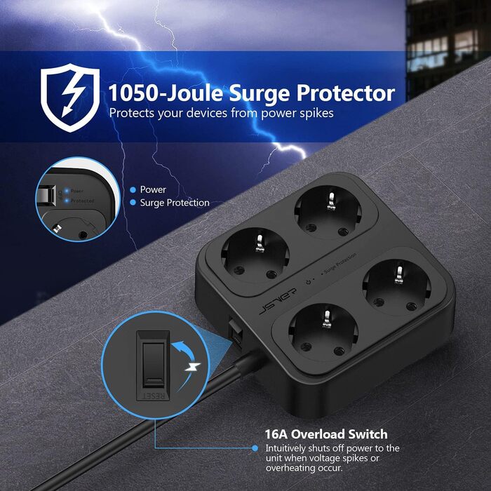 Розетка на кілька розеток, розетка JSVER на кілька розеток з 4 відділеннями, 3 розетки USB A і 1 розетка USB C з вимикачем, настін