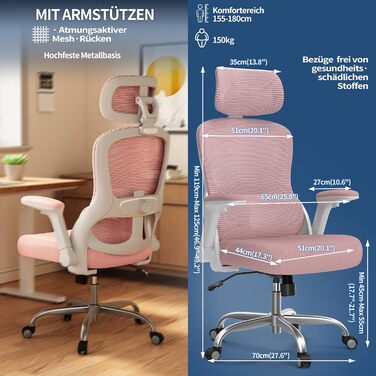 Ергономічне офісне крісло TRALT - Ігрове крісло з регульованим підголівником та поперековою опорою - Офісне крісло для дому - Комп&39ютерне крісло для високих людей - Сітчасте крісло, вантажопідйомність 150 кг, рожеве