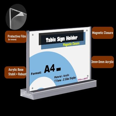 Настільні підставки TUKA-i-AKUT, 25 шт., альбомна орієнтація A4, прозорий акрил із магнітною застібкою, двосторонній дисплей, тримач для брошур, підставка для флаєрів, настільний рекламний дисплей, кришталево прозора Т-подібна підставка TKD8241-A4-W-25x, 