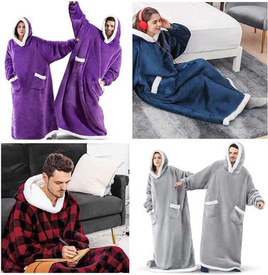 Затишна ковдра з рукавами, Велика м&39яка ковдра з капюшоном, Светр з шерпа-капюшоном для жінок та чоловіків, Пухнаста фланелева ковдра для телевізора з рукавами, Портативна ковдра на все тіло, Синій