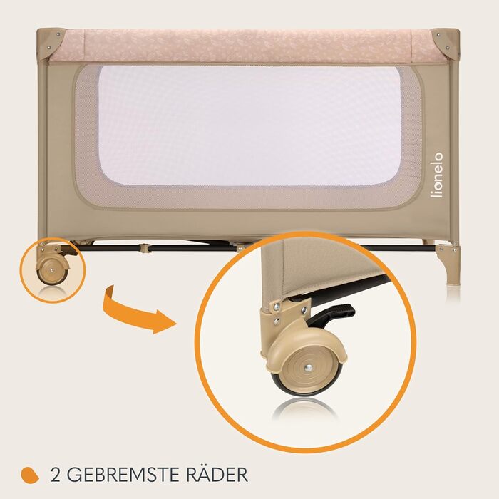 Дорожнє ліжечко Lionelo Jasmin Easy Fold для дітей вагою до 15 кг, віком від 0 до 36 місяців, матрац з пінопласту T25, 2 налаштування висоти, механізм легкого складання, бічний вхід, колеса, бежевий/пісочний