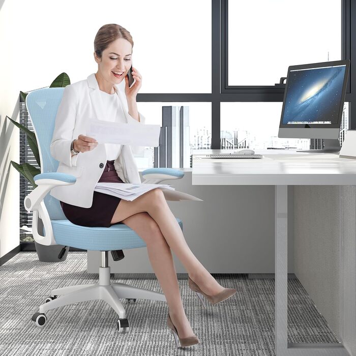 Офісне крісло з ротантрі, ергономічне робоче крісло з регульованими підлокітниками, поперекова підтримка, регулювання висоти, м&39яка подушка сидіння, поворотне крісло на 360 для офісу/кабінету, синє, без підголівника