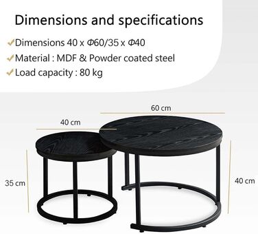 Круглий журнальний столик Home Heaven з чорного дерева - Комплект із 2 круглих столиків для вітальні - Ø60 см Ø40 см