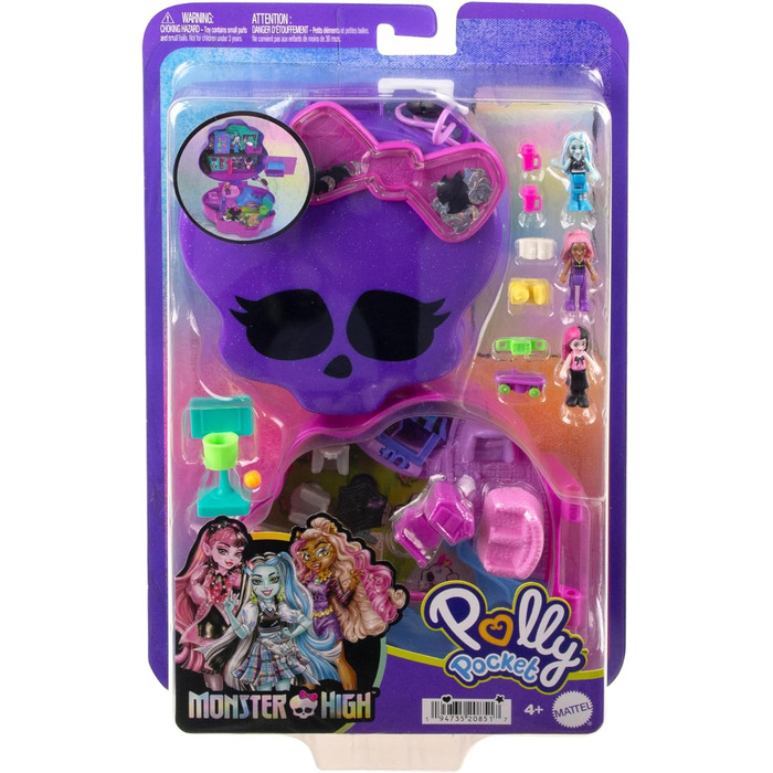 Ігровий набір Polly Pocket Monster High з 3 маленькими ляльками та 10 аксесуарами, шкільний світ всередині, портативна іграшка для подорожей з місцем для зберігання, HVV58