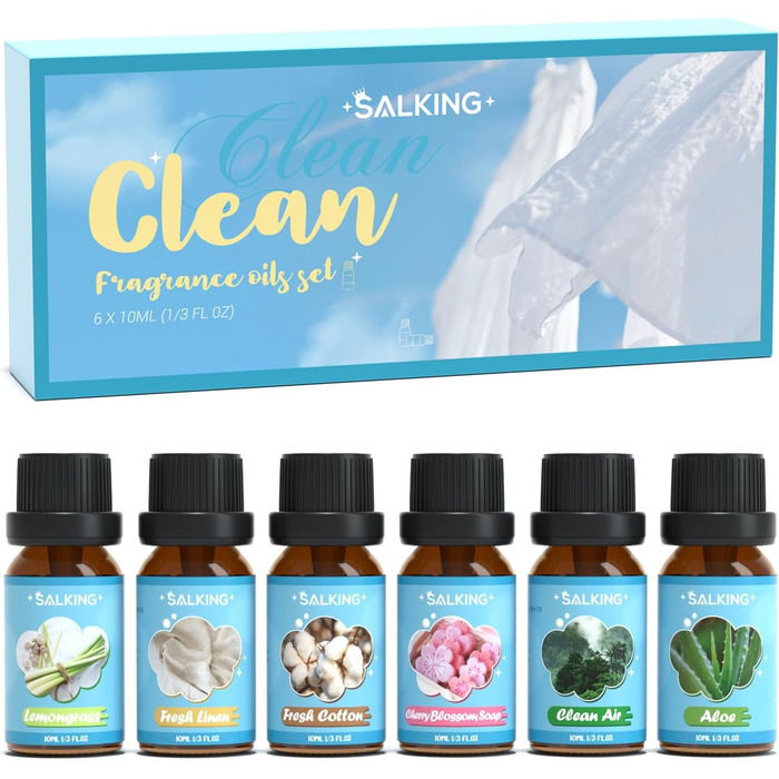 Набір чистих ефірних олій SALKING, подарунковий набір ароматичних олій для ароматерапії, ароматичні олії для дифузора зволожувача повітря, 6x10 мл лимонної трави, свіжа бавовна, свіжа білизна, мило з квітами вишні, чисте повітря, алое