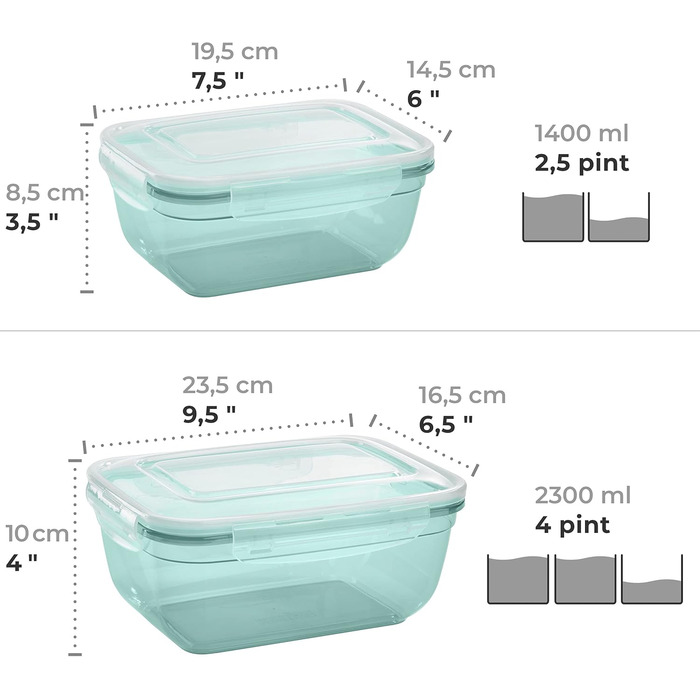 Набір контейнерів для зберігання продуктів Grizzly з 4 предметів (0,4 л, 0,8 л, 1,4 л, 2,3 л), прямокутні, пластикові, 100 герметичні/водонепроникні, придатні для використання в мікрохвильовій печі, м&39ятно-зелені