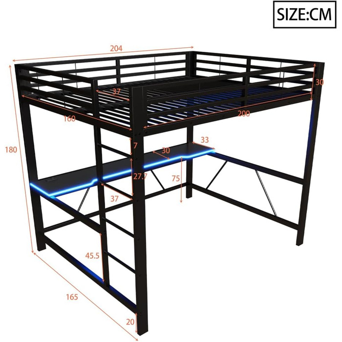 Каркас ігрового ліжка-горища з письмовим столом та світлодіодним підсвічуванням, USB-станція для зарядки, металевий каркас 160x200 см, чорний