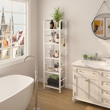 Окремостояча полиця, книжкова полиця, полиця для зберігання з 5 рівнями, 8 S-подібних гачків, металевий каркас, мінімалістичний стиль, органайзер для вітальні, домашнього офісу, спальні, ванної кімнати, білий HBC055W 146 см білий