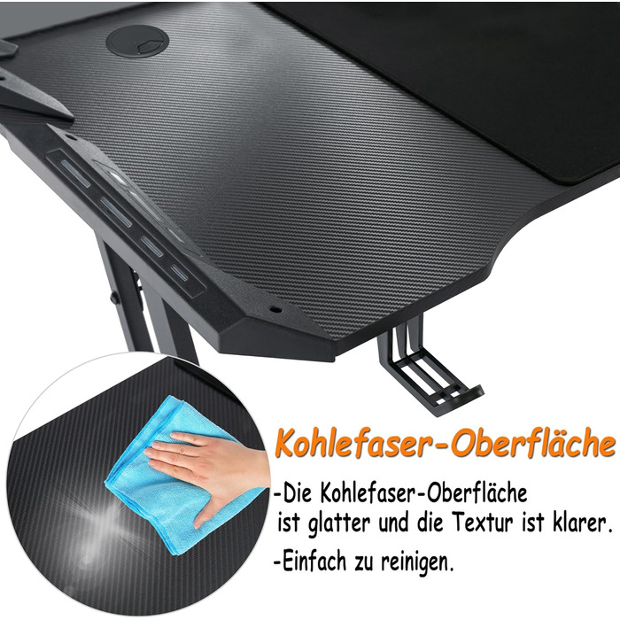 Ігровий стіл 140 x 60 см зі світлодіодним підсвічуванням Міцний ігровий стіл з підсклянником, організатором кабелів та карбоновою поверхнею, великий комп&39ютерний стіл для ПК та офісу, чорний 140 x 60 см зі світлодіодним підсвічуванням