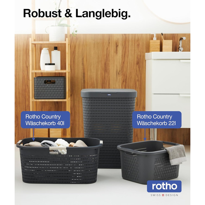 Кошик для білизни Rotho Country 40 л, пластик (PP) без вмісту BPA, антрацит, 40 л (58,0 x 38,9 x 25,1 см)