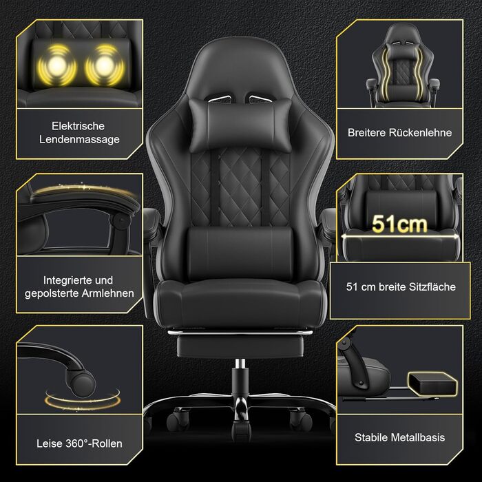 Ігрове крісло JUMMICO, Робоче крісло з функцією масажу, Ергономічне офісне крісло з підставкою для ніг, 150 кг, Чорне