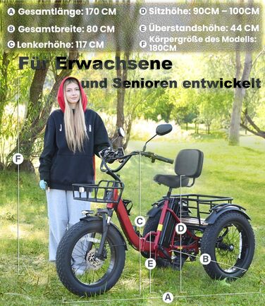 Електричний триколісний велосипед KAKIGO для дорослих, товсті шини 20x4, складаний алюмінієвий електровелосипед, двигун 250 Вт, 65 Нм, акумулятор 48 В 15,6 Аг, 25 км/год, передній та задній кошики, диференціал, запас ходу 90 км, червоний, з тримачем для т