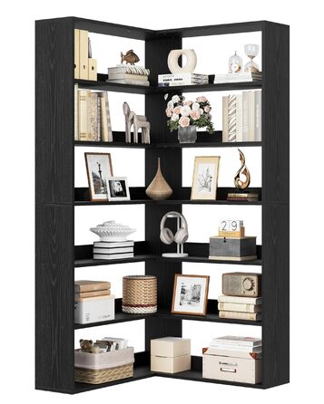 Книжкова полиця IRONCK, 6 ярусів, кутова полиця, висота 180 см, окремостояча дерев&39яна L-подібна відкрита полиця, полиця для зберігання речей для кабінету, офісу, вітальні, спальні (чорна)