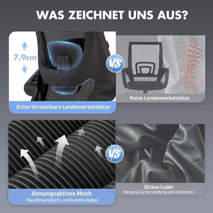 Ергономічне офісне крісло COLAMY, сітчасте робоче крісло з регульованим підголівником, крісло для керівника з поперековою опорою, поворотне крісло з регульованим нахилом та фіксатором, повністю чорний класичний колір